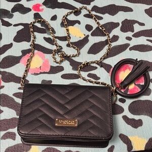 Bebe Black Quilted Wristlet with Gold Chain